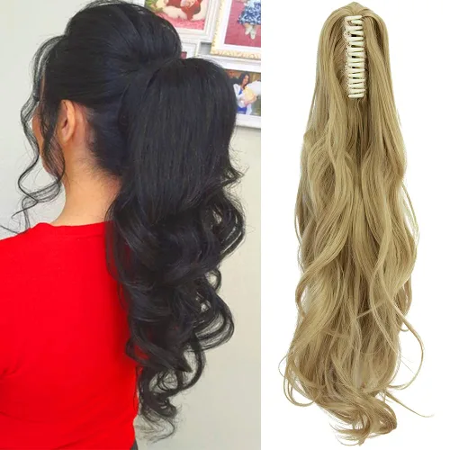Miniatura 11 de OMGREAT Extensiones de cola de caballo largas con clip, extensiones sintéticas gruesas de 24 pulgadas para mujer, con garra de mandíbula, rubio