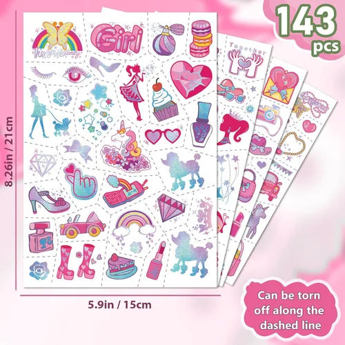 Miniatura 3 de Tatuajes Temporales Impermeables - 143pcs Tatuajes Falsos Geniales para Fiestas de Cumpleaños de Niñas, Detalles de Fiesta, Zapatos de Princesa Rosa