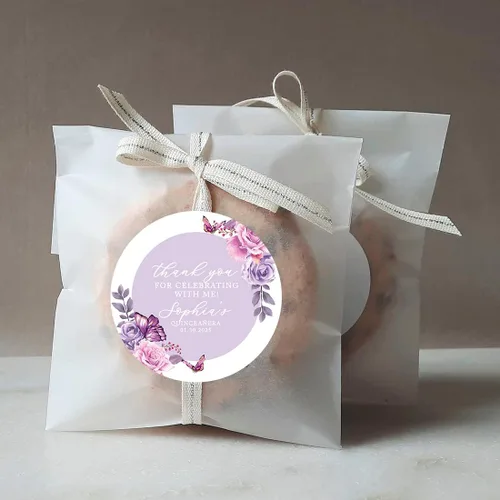 Miniatura 4 de Andaz Press Paquete de 40 etiquetas personalizadas redondas de 2 pulgadas para Quinceañera, mariposas lilas personalizadas etiquetas de Lila Lavanda
