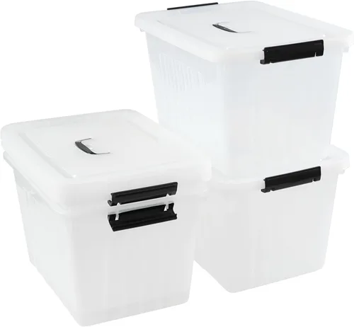 Bringer - Paquete de 4 cajas de plástico transparente, contenedor de almacenamiento de 18 L con asa | top carrying handle, secure latching buckles,