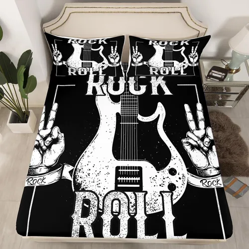 Miniatura 14 de Erosebridal Juego de sábanas de tamaño individual con temática musical, con estampado de notas musicales, juego de cama ajustable en blanco y negro
