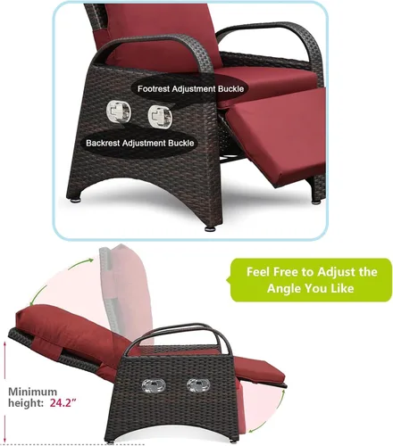 Miniatura 3 de Skypatio Silla reclinable de mimbre para exteriores con mesa auxiliar, respaldo ajustable independientemente y reposapiés, silla reclinable para Rojo