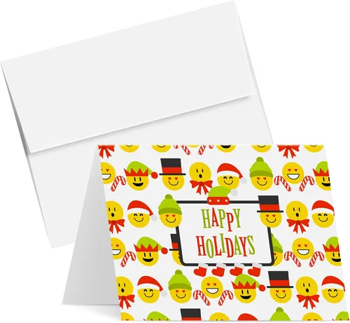 Tarjetas de felicitación de Happy Holidays, rojo y verde, divertido patrón de emoji lindo, plegable en blanco para Navidad y Año Nuevo, 4.25 x 5.5