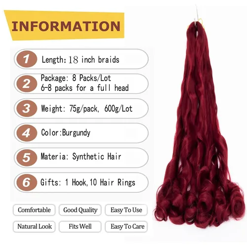 Miniatura 2 de Paquete de 8 paquetes de cabello trenzado francés, 18 pulgadas, cabello de ganchillo en espiral ondulado suelto para mujeres negras, preestirado