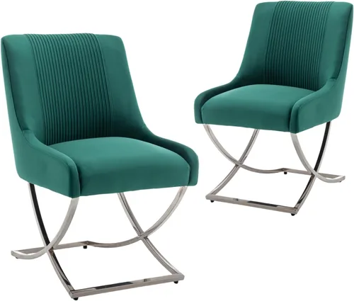 Juego de 2 sillas de cocina y comedor, de terciopelo tapizado moderno, sillas de metal copetudas contemporáneas con patas plateadas en forma de X