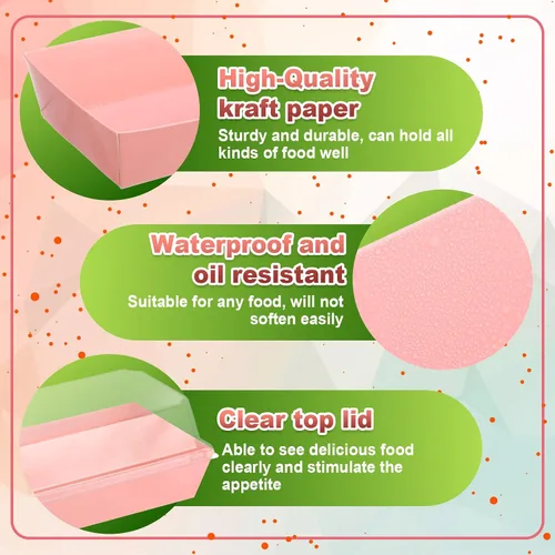 Miniatura 3 de Gejoy 100 cajas de charcutería rosa de 2 tamaños con tapas transparentes, cajas de postre de papel desechables, recipientes de postre de alimentos