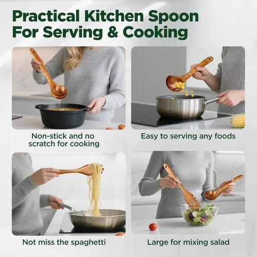 Miniatura 7 de Cucharas de madera para cocinar, juego de utensilios de cocina de madera de teca natural, cucharón grande para sopa y pasta ranurado tenedor colador