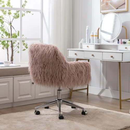 Miniatura 9 de Silla de escritorio de piel sintética rosa, lindo asiento acolchado tapizado, decoración de tocador, silla de oficina giratoria de altura ajustable