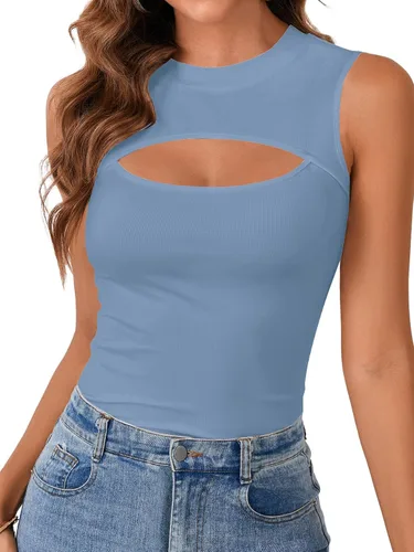 Miniatura 9 de Vrtige Camiseta sin mangas sexy con cuello redondo para mujer, de punto acanalado, sin mangas, ajustada