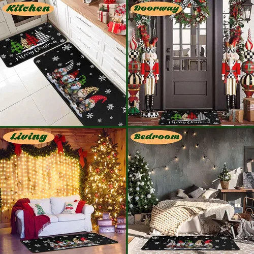 Miniatura 5 de Alfombras de cocina de cuadros de búfalo con gnomos de árbol negros, juego de 2, Merry Christmas, decoración de piso de perfil bajo para fiestas