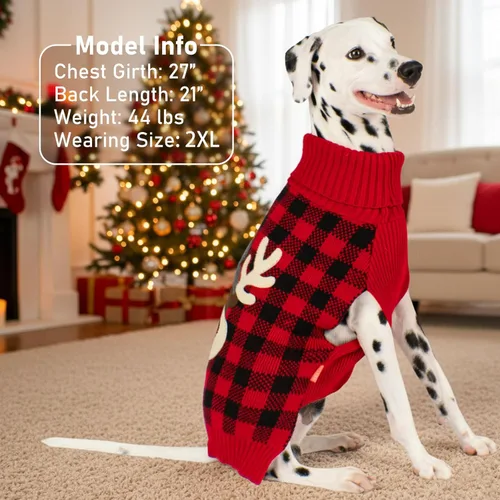 Miniatura 7 de KYEESE - Suéter de Navidad para perros con diseño de renos para perros pequeños, ropa a cuadros de búfalo rojo con agujero para la correa para días