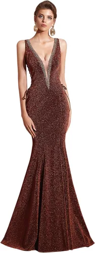 Vestido de noche de sirena con cuello en V y lentejuelas con cordones para mujer