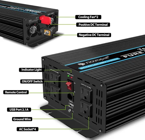 Miniatura 2 de NOVOPAL Inversor de corriente de onda sinusoidal pura de 1000 W, 1000 W, 12 V CC a 110 V 120 V CA, 4 salidas de CA, 1 puerto USB para automóvil, RV