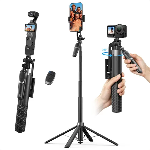 K&F CONCEPT - Trípode para teléfono de 69 pulgadas, con apertura automática para selfie con 4 patas y mango estabilizador, soporte de trípode para