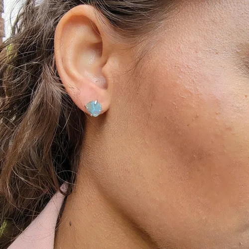 Miniatura 121 de Natural raw gemstone stud earrings with white gold over 925 sterling silver, 6 to 7mm rough genuine quality birthstone gift for her, Uniquelan