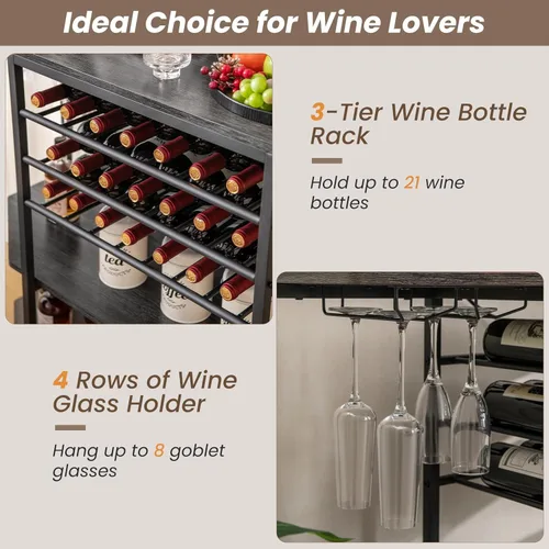 Miniatura 5 de COSTWAY Armario para bar de vinos, gabinete de licor de 3 niveles con tomas de corriente, estantes para botellas de vino, soportes de vidrio, Gris