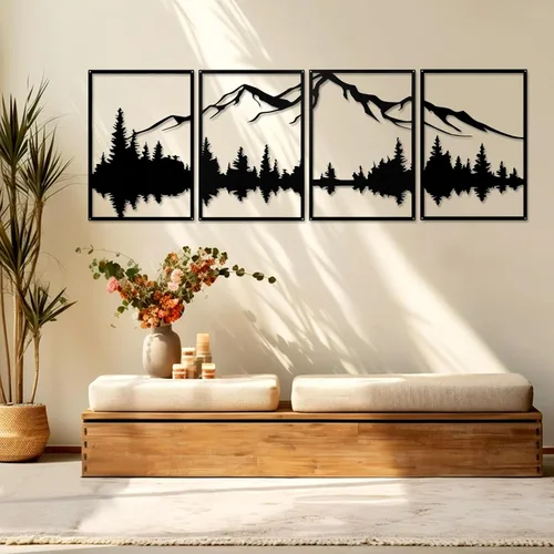 Miniatura 2 de YIYA 4 piezas de arte de pared de metal de montaña, decoración de pared de metal negro decorativo de bosque grande, esculturas de pared verticales