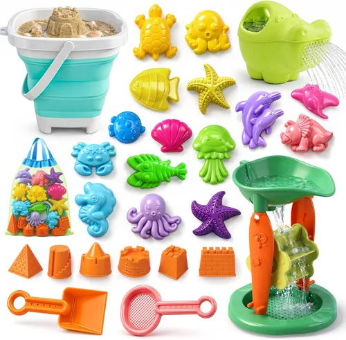 Miniatura 10 de TOY Life 23 juguetes de playa oceánica para niños de 4 a 8 años, juguetes de arena plegables con regadera, cubo de silicona, kit de construcción