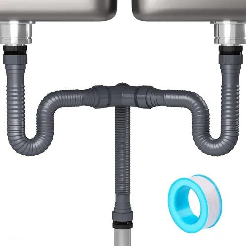 NiHome Kit de drenaje flexible P-Trap para fregadero de cocina doble, tubo de drenaje de aguas residuales universal de 1-1/2 o 1-1/4 pulgadas con