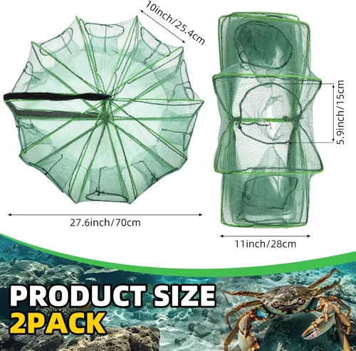 Miniatura 2 de 2 trampas plegables para cangrejos de 32 x 10 pulgadas, 10 agujeros, 10 lados, redes de pesca plegables con 2 cuerdas para pececillos, cangrejos