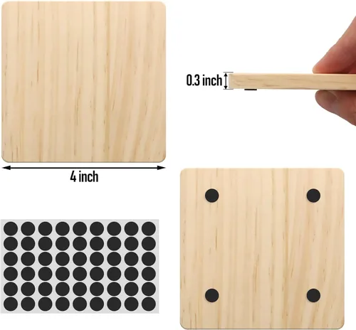 Miniatura 2 de 12 posavasos cuadrados de madera sin terminar, 4 pulgadas, posavasos de madera en blanco para manualidades con puntos de silicona antideslizantes