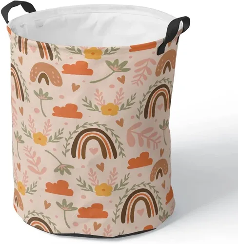 Miniatura 7 de Cesta de baño redonda de mediados de siglo, estilo bohemio, plegable, con asas, moderna, abstracta, con asas, impermeable, independiente