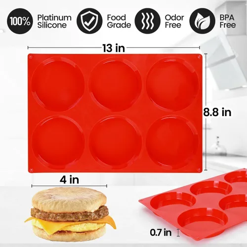 Miniatura 4 de CAKETIME Molde para Magdalenas Jumbo, Moldes de Huevo de Silicona para Sándwiches de Desayuno 4 Pulgadas de Gran Tamaño para Horno, Magdalenas Rojo