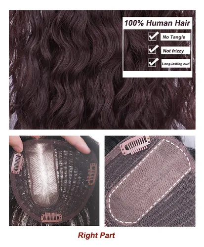 Miniatura 6 de Tope de cabello humano rizado natural para mujer, extensiones de pelo con clip, 5.1 x 5.5 in, parte superior de cabello sedoso, parte superior