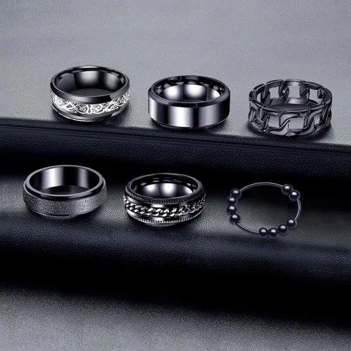 Miniatura 4 de Anillos para hombres y mujeres, 6 unidades, anillos de acero inoxidable negro para hombre, anillo para ansiedad, alivio de la ansiedad, anillos
