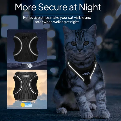 Miniatura 5 de TwoEar Arnés de gato a prueba de escape, suave chaleco ajustable para perro, de malla transpirable, chaqueta reflectante de fácil control para Negro