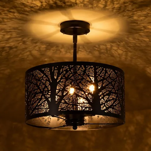 Miniatura 13 de Lámpara de techo semiempotrada, lámpara de techo rústica de metal de pergamino blanco con diseño de mariposa, candelabros negros industriales de 3