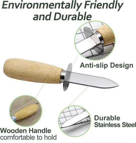 Miniatura 2 de 2Oyster - Cuchillo de acero inoxidable con mango de madera, con 2 pares de guantes resistentes a cortes de nivel 5, abridor de ostras para cocina