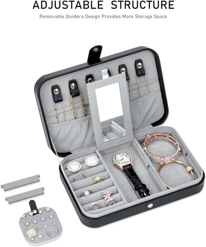 Miniatura 54 de Joyero pequeño, joyero de viaje portátil para mujer, mini organizador de viaje de 2 capas, regalo para mujeres y niñas, negro A