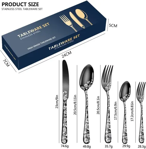 Miniatura 5 de Juego de cubiertos para 12 cubiertos, 60 piezas, diseño único de patrón de flores, utensilios de cocina de acero inoxidable, juego de cubiertos Oro