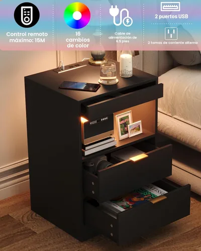 Miniatura 5 de Yusong Mesita de Noche, Mesa de Noche, Mesita LED con Estación de Carga, Mesita Moderna, Mesa de Sofá de Madera con 2 Estantes Deslizantes (Negro)
