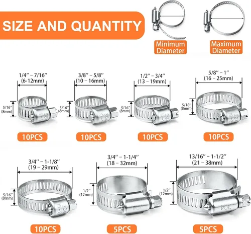 Miniatura 2 de 60 abrazaderas de manguera de acero inoxidable ajustable de 0.236-1.496 in de rango de tornillo sin fin, abrazadera de conducto, abrazadera de tubo