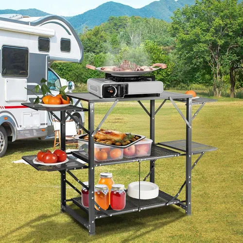 Miniatura 2 de Mesa de cocina de camping VEVOR, estación de cocina plegable de aluminio portátil para exteriores con 4 lados de hierro, 2 estantes y bolsa