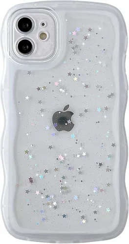 Miniatura 107 de Qokey Funda para iPhone 12 Pro Max de 6.7 pulgadas, diseño de onda rizada, borde transparente, brillante con purpurina, estrella brillante, bonita