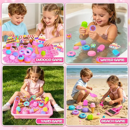 Miniatura 6 de Cubo sensorial, juego de arena para helados con juguete de arena mágica para niños, moldes de juguetes de helado y herramientas de limpieza, caja