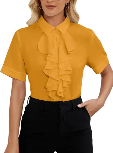 Miniatura 28 de Vrtige Women's Ruffle Front Collar Neck Button Down Short Sleeve Blouse Shirt Top