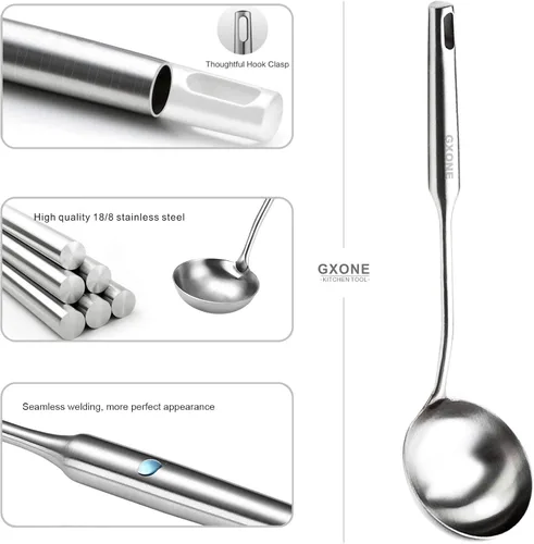 Miniatura 3 de Cucharón para sopa, cuchara de cocina de acero inoxidable 304 con mango hueco para wok, plata/35.3 cm