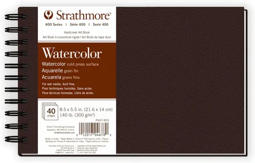 Strathmore Libro de arte de papel de acuarela serie 400, cubierta marrón mate, blanco natural, encuadernación lateral de alambre, 20 hojas, 8.5 x
