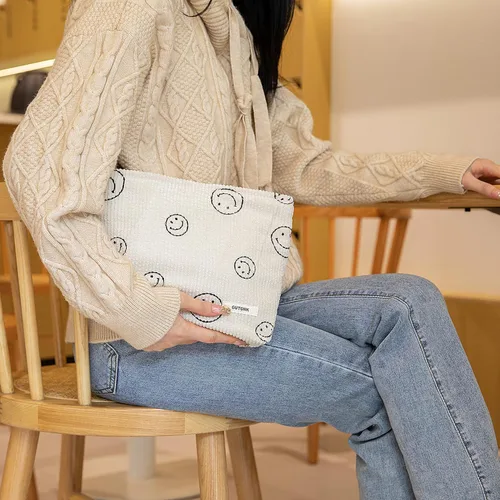Miniatura 7 de Bolsa de maquillaje para mujeres, bolsa de cosméticos de pana con diseño estético, bolsa de mano para damas, estuche para lápices para niñas, lindo
