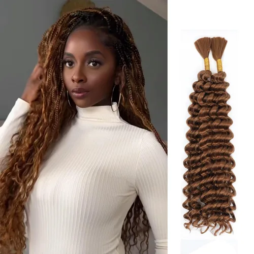 Miniatura 23 de Mezcla de cabello humano trenzado sintético bohemio para trenzar, 16 pulgadas de onda profunda a granel para trenzas bohemias, 2 piezas de cabello 1b