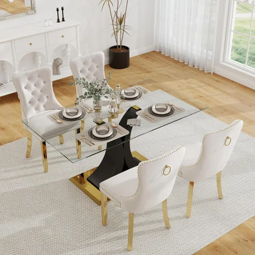 Miniatura 18 de Moderno juego de comedor de cristal de lujo para 6, 63 pulgadas, juego de vajilla rectangular minimalista grande para 6, juego de mesa de cocina