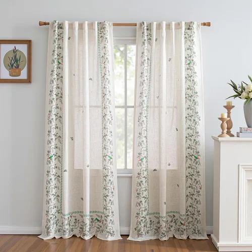 Miniatura 43 de MYSKY HOME Cortinas florales de cocina de 24 pulgadas, cortinas de lino con patrón de flores de granja, bolsillo para barra de filtro de luz aireado