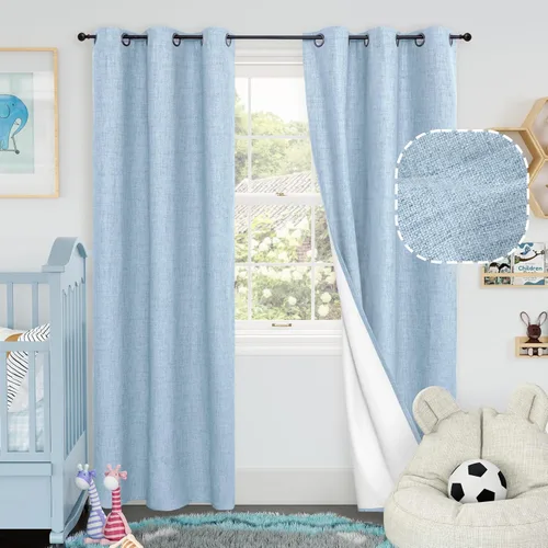 Miniatura 70 de Cortinas Opacas de Lino Azul Bebé para Guardería de 40 Pulgadas de Largo, 2 Paneles, Cortinas Cortas con Aislamiento Térmico Boho de Bloqueo Total