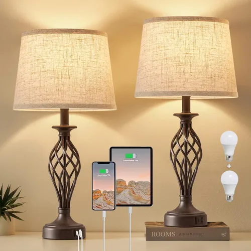 Miniatura 11 de Juego de 2 lámparas de mesa para dormitorio con puertos USB C+A, lámparas modernas de mesita de noche con base de jaula en espiral, pantalla de Base