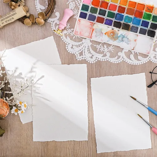 Miniatura 4 de 100 hojas de papel de borde deckled de 4 x 6 pulgadas, papel hecho a mano de 160 GSM, papel de acuarela rugoso/texturizado para invitaciones