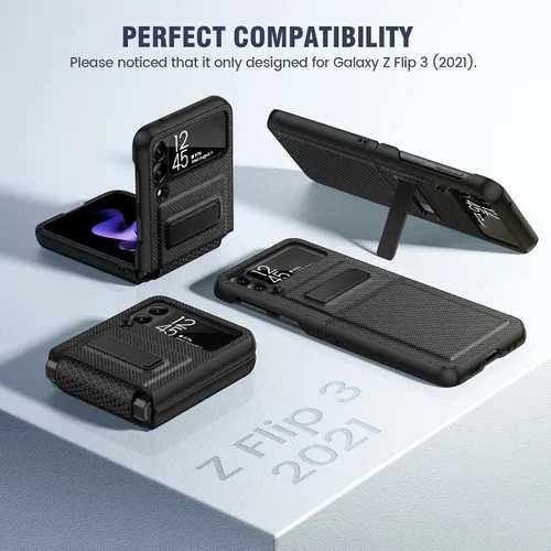 Miniatura 2 de Caka Compatible para Galaxy Z Flip 3 5G con soporte de patas, Funda para Z Flip 3 con protector de cámara, protección de bisagras y carga Negro